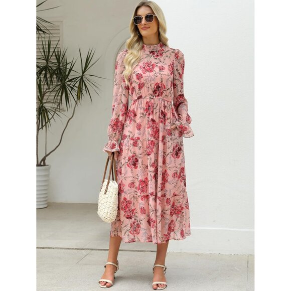 Women's Fall Floral Long Sleeve Midi Dress Boho Casual Wedding Guest - Picture 4 of 8